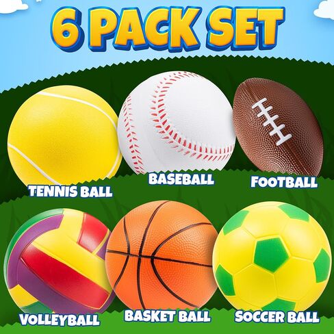 Sports Balls for Toddlers 1-3, 6 Piece Soft Sports Balls with Foam Soccer, Basketball, Football, Baseball, Tennis & Volleyball - Toddler Boys & Girls Ball Toy Gift in Kuwait