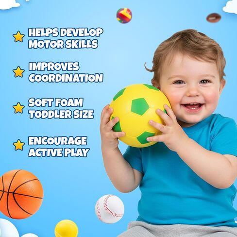 Sports Balls for Toddlers 1-3, 6 Piece Soft Sports Balls with Foam Soccer, Basketball, Football, Baseball, Tennis & Volleyball - Toddler Boys & Girls Ball Toy Gift in Kuwait