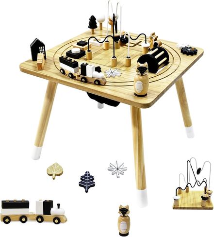 Wooden Montessori Activity Table for Toddlers 1-3, Kids Play Sensory Toy Table, Activity Center with Bead Maze, Shape Sorter, Train Track, Educational Learning Toys for Girls Boys in Kuwait