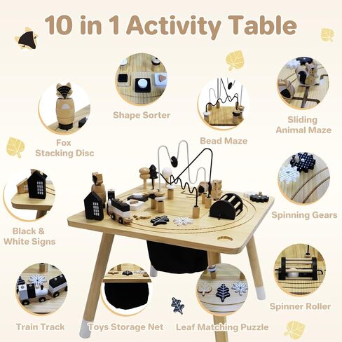 Wooden Montessori Activity Table for Toddlers 1-3, Kids Play Sensory Toy Table, Activity Center with Bead Maze, Shape Sorter, Train Track, Educational Learning Toys for Girls Boys in Kuwait