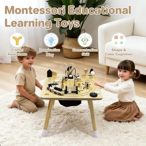 Wooden Montessori Activity Table for Toddlers 1-3, Kids Play Sensory Toy Table, Activity Center with Bead Maze, Shape Sorter, Train Track, Educational Learning Toys for Girls Boys in Kuwait