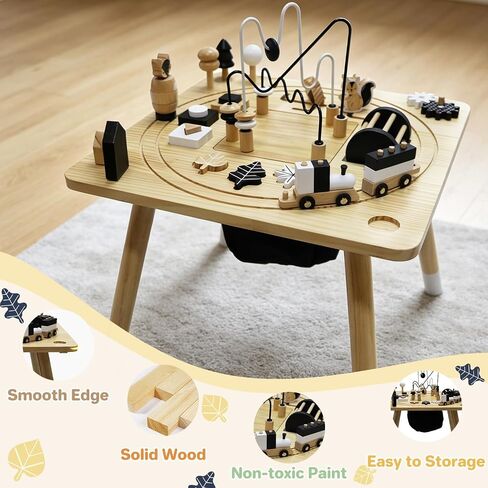 Wooden Montessori Activity Table for Toddlers 1-3, Kids Play Sensory Toy Table, Activity Center with Bead Maze, Shape Sorter, Train Track, Educational Learning Toys for Girls Boys in Kuwait