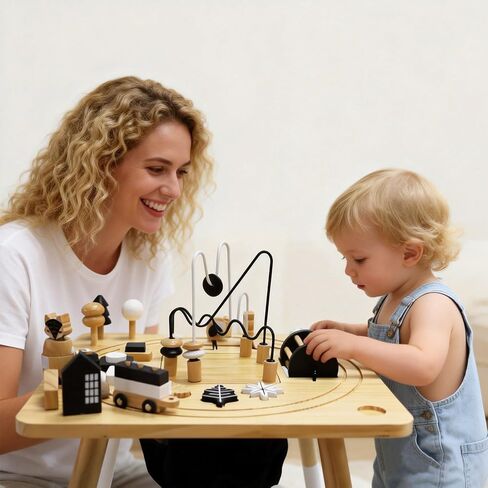 Wooden Montessori Activity Table for Toddlers 1-3, Kids Play Sensory Toy Table, Activity Center with Bead Maze, Shape Sorter, Train Track, Educational Learning Toys for Girls Boys in Kuwait