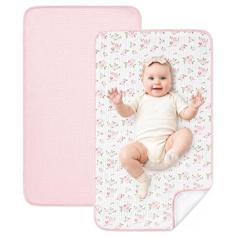 Eterish 2 Pack Waterproof Muslin Cotton Portable Changing Pad 30"x 17", Soft & Foldable Changing Pad Liner with Terry Backing, Travel Baby Changing Mat for Newborn Girls Boys in Kuwait