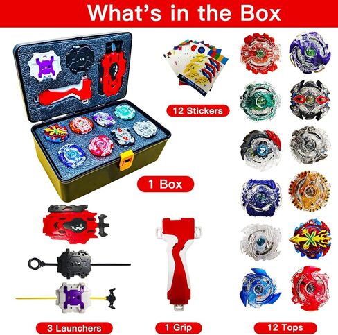 X Pro Battling Tops – 12-Pack Upgraded Set with 3 Launchers | , Handle Grip, DIY Stickers & Case – Great Christmas Halloween Birthday Gift for Kids Boys in Kuwait