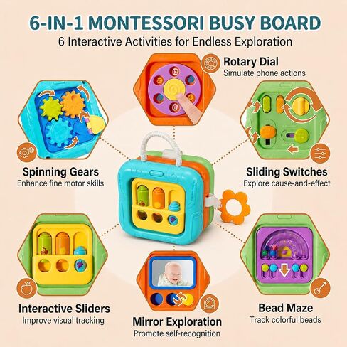 6-in-1 Montessori Busy Board for Toddlers 1-3, Sensory Activity Board with Fine Motor Skills Toys, Portable Travel Toy, Educational Learning Toy for Boys and Girls Ages 1-3 in Kuwait