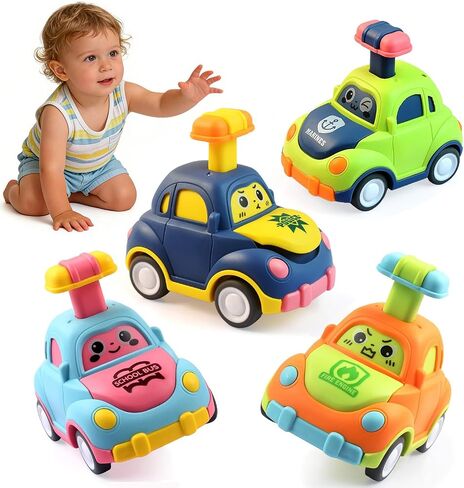 soi-meme 4 Pack Press and Go Car Toys for Toddlers 1-3 Year Old Boys, Easy Push Down Action, Certified CPSC- Learning Cause Effect Toddler Toy, Gifts for 1+ Year Old Baby Boy Girl in Kuwait