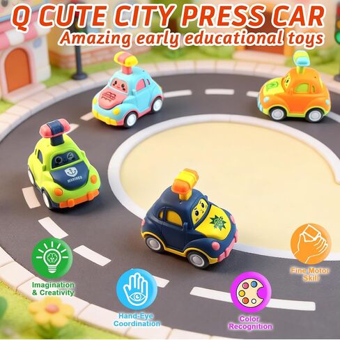 soi-meme 4 Pack Press and Go Car Toys for Toddlers 1-3 Year Old Boys, Easy Push Down Action, Certified CPSC- Learning Cause Effect Toddler Toy, Gifts for 1+ Year Old Baby Boy Girl in Kuwait