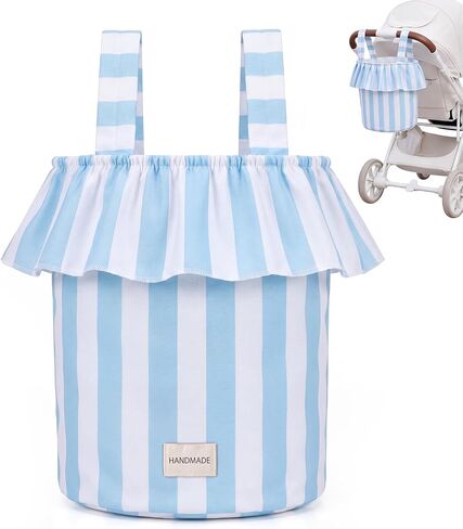 Abbylike Ruffle Stroller Bag with Removable Handles, Cotton Stroller Organizer with Waterproof Lined for Moms Baby Travel(Ruffles Style,15.5 x 9.5 Inch,Blue White) in Kuwait