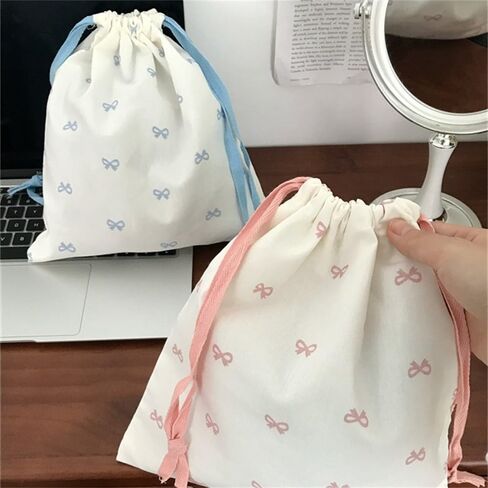 Cotton Pouch White Casual Canvas Bundle Pocket Diaper Pouch Bow Printed Drawstring Hanging Bag Shopping(L,pink) in Kuwait
