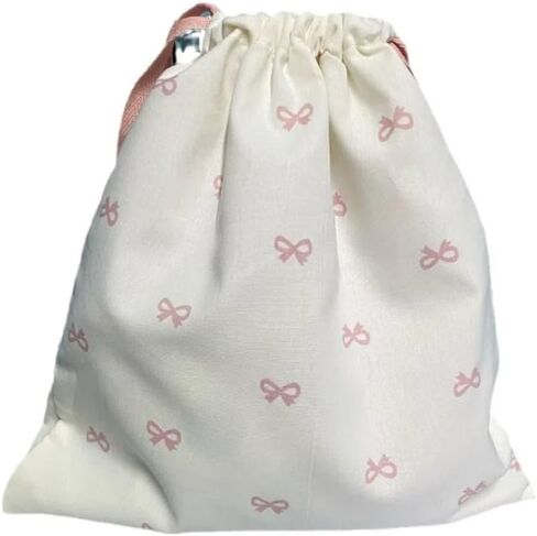 Cotton Pouch White Casual Canvas Bundle Pocket Diaper Pouch Bow Printed Drawstring Hanging Bag Shopping(L,pink) in Kuwait