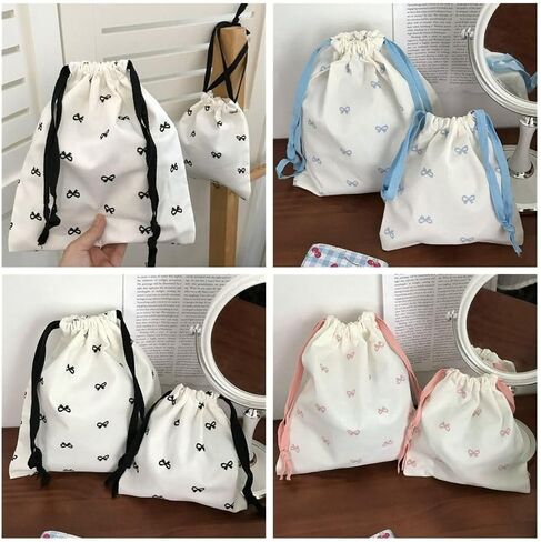 Cotton Pouch White Casual Canvas Bundle Pocket Diaper Pouch Bow Printed Drawstring Hanging Bag Shopping(L,pink) in Kuwait