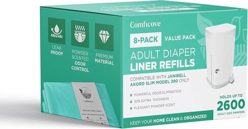Comficove 8 Pack Janibell Akord Refill Liners, Compatible with Janibell Akord 280 Slim Model, Adult Diaper Pail Liners, Odor Resistant Bags in Kuwait
