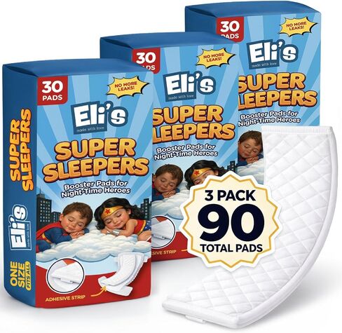 Eli with Love Super Sleepers Baby Diaper Booster Pads - 30 Pads - Overnight Leak Protection - Absorbent Diaper Inserts for Extra Dryness, Liners for Babies & Toddlers, Reduce Night Changes - 1 Pack in Kuwait