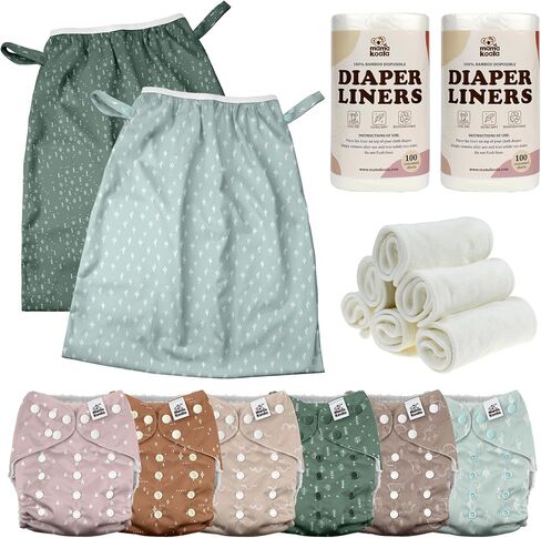 Mama Koala 3.0 Baby Cloth Diapers with 6 Inserts Bundle, with 2 Pack Pail Liners, and 2 Rolls Natural Liners in Kuwait