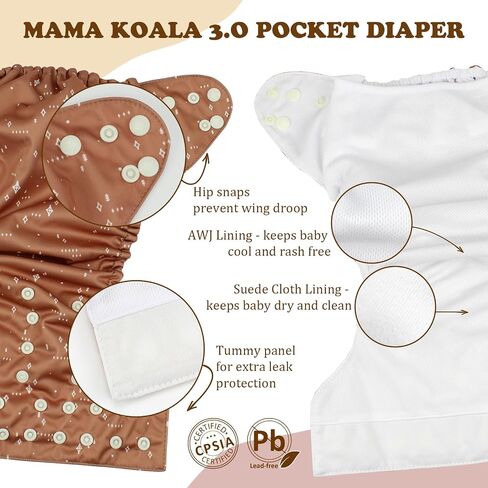 Mama Koala 3.0 Baby Cloth Diapers with 6 Inserts Bundle, with 2 Pack Pail Liners, and 2 Rolls Natural Liners in Kuwait