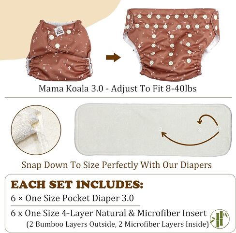 Mama Koala 3.0 Baby Cloth Diapers with 6 Inserts Bundle, with 2 Pack Pail Liners, and 2 Rolls Natural Liners in Kuwait