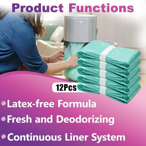 12 Pcs Adult Diaper Pail Liners Compatible with Akord 280 Slim | Odor Locking Continuous Roll System, Easy Cut & Tie, Lightly Scented, Green in Saudi Arabia