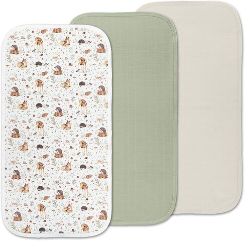 Miaoberry Organic Muslin Portable Changing Pad Liner – Waterproof Reusable Baby Diaper Changing Pad Cover for Travel, Woodland Deer and Soft Green, 3 Pack in Kuwait