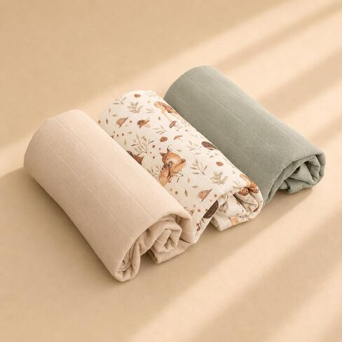 Miaoberry Organic Muslin Portable Changing Pad Liner – Waterproof Reusable Baby Diaper Changing Pad Cover for Travel, Woodland Deer and Soft Green, 3 Pack in Kuwait
