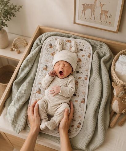 Miaoberry Organic Muslin Portable Changing Pad Liner – Waterproof Reusable Baby Diaper Changing Pad Cover for Travel, Woodland Deer and Soft Green, 3 Pack in Kuwait