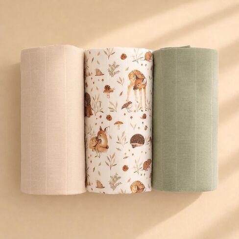 Miaoberry Organic Muslin Portable Changing Pad Liner – Waterproof Reusable Baby Diaper Changing Pad Cover for Travel, Woodland Deer and Soft Green, 3 Pack in Kuwait