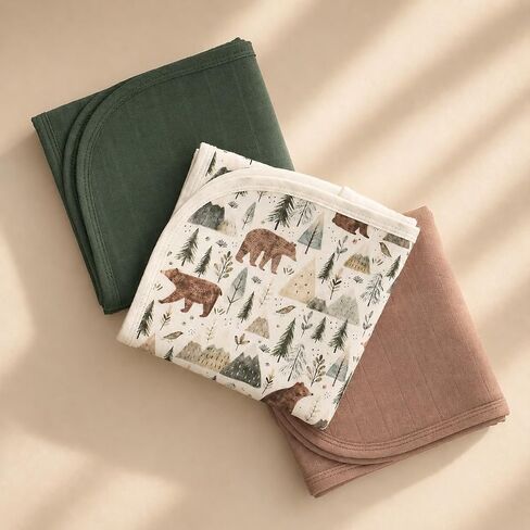 Miaoberry Organic Muslin Portable Changing Pad Liner – Waterproof Reusable Baby Diaper Changing Pad Cover for Travel, Forest Woodland Bear, 3 Pack in Kuwait