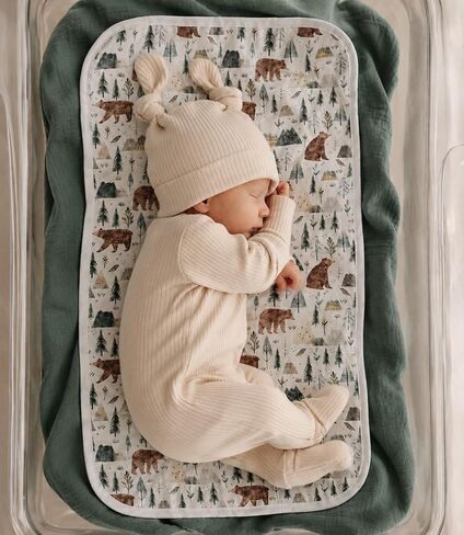 Miaoberry Organic Muslin Portable Changing Pad Liner – Waterproof Reusable Baby Diaper Changing Pad Cover for Travel, Forest Woodland Bear, 3 Pack in Kuwait