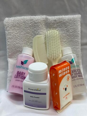 Bulk Infant Hygiene Kits – 24 Count Case | Baby Care Essentials with Tear-Free Shampoo, Lotion, Powder, Wipes, Comb & Brush Set, Washcloth | Prepacked for Hospitals & Donations in Kuwait