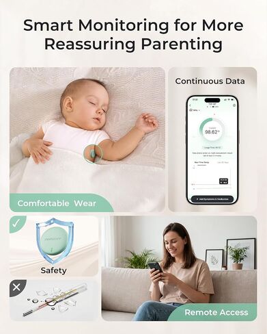Momcozy Wearable Digital Thermometer for Baby, Medical-Grade Accurate Smart Thermometer, Instant Reads, APP Real-time Monitoring Thermometer for Kids & Infants, Hypoallergenic 3M Sticker,Bluetooth in Kuwait