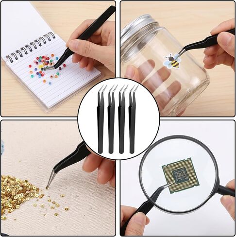 50 Pcs Stainless Steel Craft Tweezers, Sticker Tweezers with Protective Cover, Curved Pointed Precision Tweezer for Rhinestones, Eyelash Extension, Jewelry Making, Sewing, and Crafting (Black) in Kuwait
