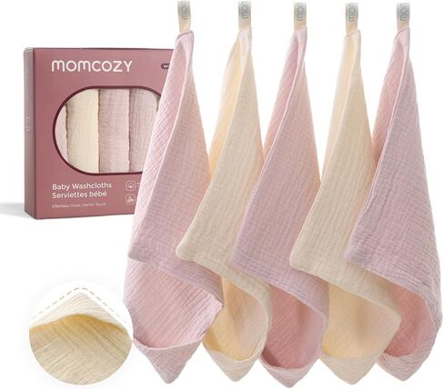 Momcozy Baby Washcloths - 4 Layer Design| Medium Thickness| Soft & Absorbent| Premium Cotton for Newborns'Skin-Great for Bathing, Wiping & on-the-go Use, Shower Gift and Essential(5 Pack, 10x10 inch) in Kuwait