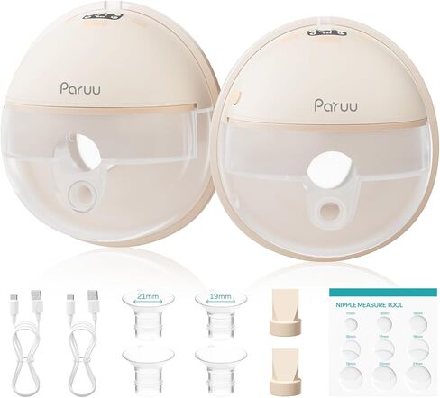 Paruu Hands Free Breast Pump P16, Wearable Breast Pump Electirc Portable with 4 Modes & 12 Levels, Max 309mmHg Strong Suction 19/21/24mm Flange Inserts Wearable Breastfeeding Pump, 2 Pack（Nude in Kuwait