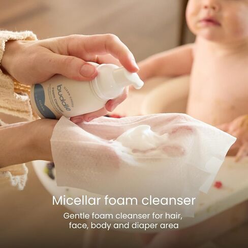 Buddle Clean Cheeks Baby Micellar No-Rinse Foam Cleanser Duo, 3.4 + 6.7 oz | One for the Nursery and One for On-the-Go; No-Rinse Micellar Foam for Sensitive Baby Skin, Fragrance-Free and Paraben-Free in Kuwait