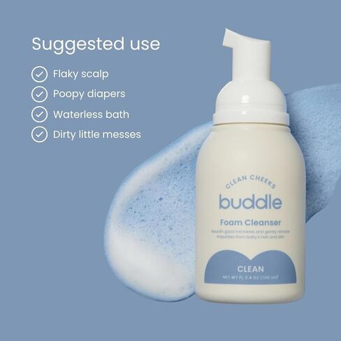 Buddle Clean Cheeks Baby Micellar No-Rinse Foam Cleanser Duo, 3.4 + 6.7 oz | One for the Nursery and One for On-the-Go; No-Rinse Micellar Foam for Sensitive Baby Skin, Fragrance-Free and Paraben-Free in Kuwait