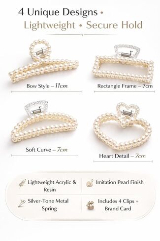 4PCS Pearl Hair Claw Clips for Women & Girls Strong Hold Hair Clamps for Thick & Thin Hair Elegant Barrettes for Wedding, Party & Everyday Styling in Kuwait