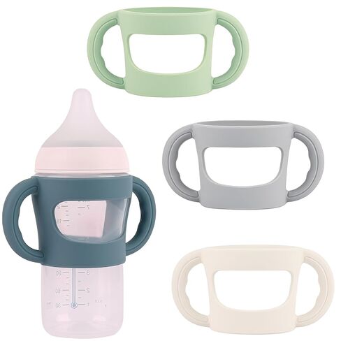 4 Pack Baby Bottle Handles, Silicone Sleeves for NUK Bottles | Silicone Handles Compatible with NUK Anti-Colic Baby Bottles 8oz and 4 oz (Beige+Gray+Blue+Green） in Kuwait