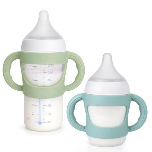 BUSOHA 2 Pack Silicone Sleeves for NUK Bottles - Baby Bottles Sleeves Compatible with NUK Baby Bottles Easy-Grip Removable Handle for Silicone Bottle 5oz and 8oz,Green+Blue in Kuwait