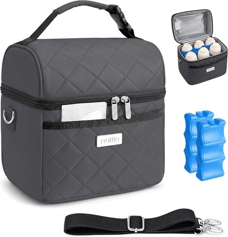 Nuliie Breastmilk Cooler Bag with 2 Ice Packs, Fits 6 Baby Bottles Up to 10 Ounce, Four Layer Insulated Baby Bottle Bag for Daycare, Breast Milk Cooler with Pocket, Strap & Buckle, Waterproof, Grey in Kuwait
