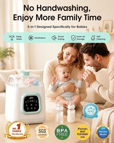 Tiny Marvels Upgraded All-in-One Baby Bottle Washer, Sterilizer and Dryer | Water Purification, 72hr Storage, Self-Cleaning, 13 Clean Modes, 6 Bottles & Pump Parts Capacity with 60 Detergent Tablets in Kuwait