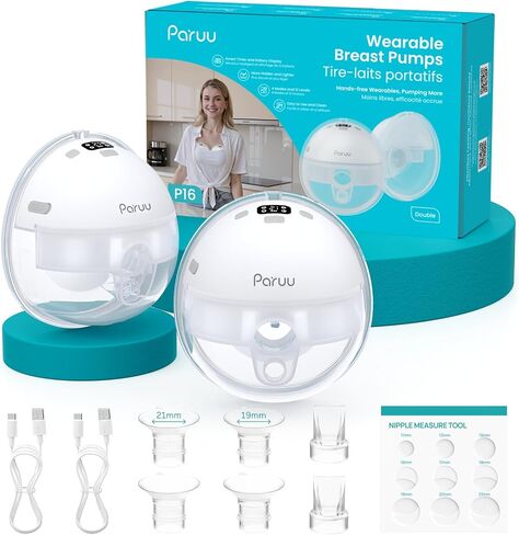 Paruu Hands Free Breast Pump P16, Wearable Breast Pump Electric Portable with 4 Modes & 12 Levels, Max 309mmHg Strong Suction 19/21/24mm Flange Inserts Wearable Breastfeeding Pump, 2 Pack White in Kuwait