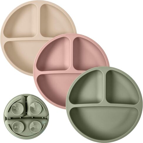 WeeSprout Suction Plates with Lids for Babies & Toddlers - 100% Silicone, Dinnerware Stays Put, Divided Design for Picky Eaters, Microwave & Dishwasher Friendly, 3 Pack in Kuwait
