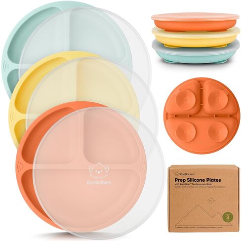 KeaBabies Suction Plates with Lids for Baby, 3-Pack, 100% Silicone (Slate) | Silicone Toddler Plates with Suction, Divided, Kids Baby Led Weaning Essentials, Dishwasher Safe, Microwave Safe, BPA-Free in Kuwait