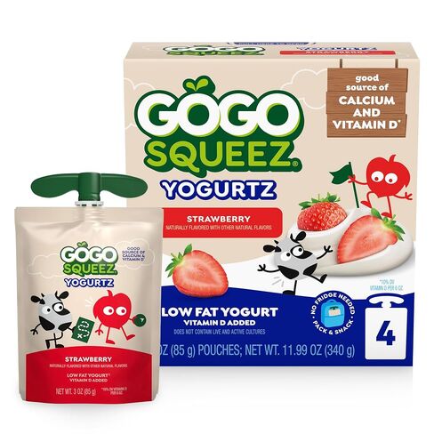 GoGo squeeZ Low Fat YogurtZ Strawberry, 3 oz Pouches (Pack of 4), Kids Snacks Made from Real Yogurt and Fruit, No Fridge Needed, Gluten Free, Nut Free, Recloseable Cap, BPA Free in Kuwait
