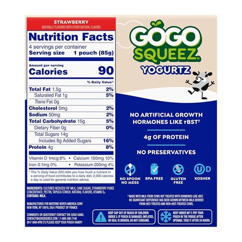 GoGo squeeZ Low Fat YogurtZ Strawberry, 3 oz Pouches (Pack of 4), Kids Snacks Made from Real Yogurt and Fruit, No Fridge Needed, Gluten Free, Nut Free, Recloseable Cap, BPA Free in Kuwait