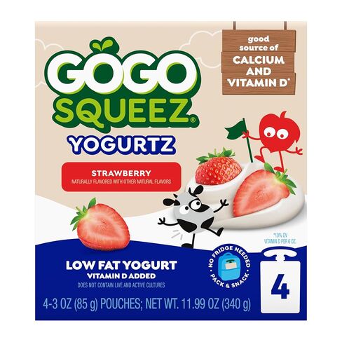 GoGo squeeZ Low Fat YogurtZ Strawberry, 3 oz Pouches (Pack of 4), Kids Snacks Made from Real Yogurt and Fruit, No Fridge Needed, Gluten Free, Nut Free, Recloseable Cap, BPA Free in Kuwait