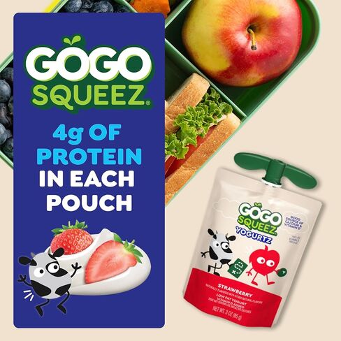 GoGo squeeZ Low Fat YogurtZ Strawberry, 3 oz Pouches (Pack of 4), Kids Snacks Made from Real Yogurt and Fruit, No Fridge Needed, Gluten Free, Nut Free, Recloseable Cap, BPA Free in Kuwait