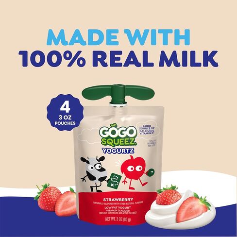 GoGo squeeZ Low Fat YogurtZ Strawberry, 3 oz Pouches (Pack of 4), Kids Snacks Made from Real Yogurt and Fruit, No Fridge Needed, Gluten Free, Nut Free, Recloseable Cap, BPA Free in Kuwait