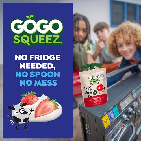 GoGo squeeZ Low Fat YogurtZ Strawberry, 3 oz Pouches (Pack of 4), Kids Snacks Made from Real Yogurt and Fruit, No Fridge Needed, Gluten Free, Nut Free, Recloseable Cap, BPA Free in Kuwait