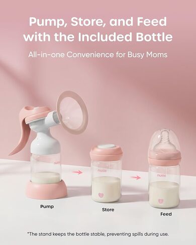 Nuliie 8010 Manual Breast Pump, Adjustable Suction with Temperature-Indicating Bottle, 6oz Wide-Neck Bottle, Narrow-Neck Adapter, Hand Pump Breastmilk with Flanges, BPA-Free, Heat Resistant in Kuwait
